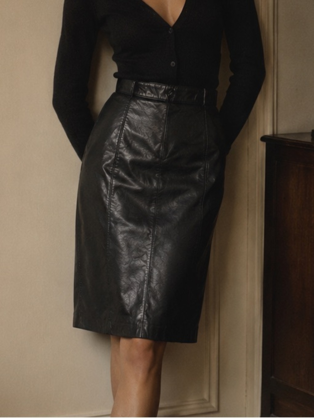 Vintage Evan Davies Black Leather Midi Skirt
